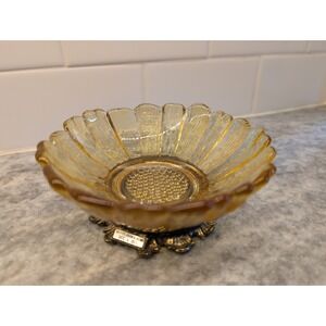 Engraved Vintage Amber Glass Flower Silver Metal‎ Pedestal Trinket Dish